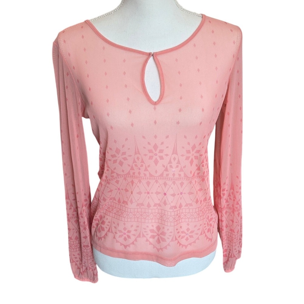 Y2K Sheer Mesh Top Blouse Fairy Boho New York & Company Long Sleeve Coral XS